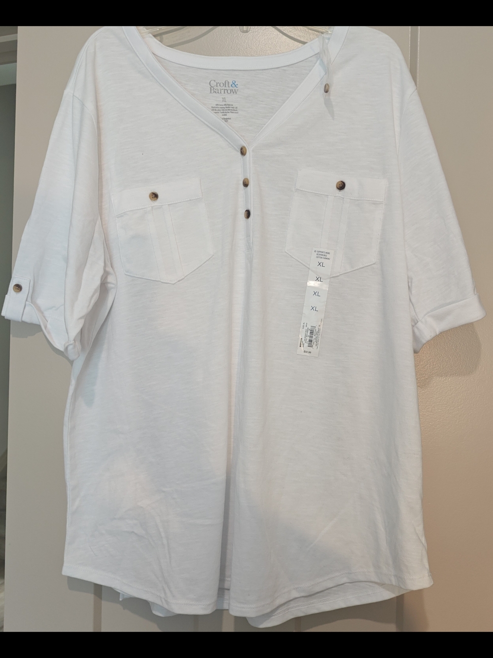 Croft & Barrow White Short-Sleeve Henley Button-Front Top
